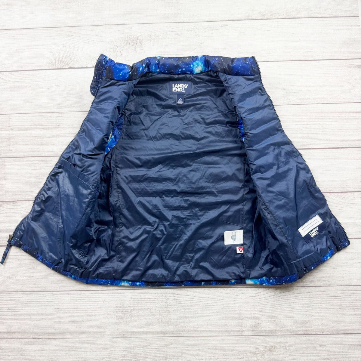 Lands End Puffer Vest Galaxy Print Lightweight Insulated Primaloft L 10-12