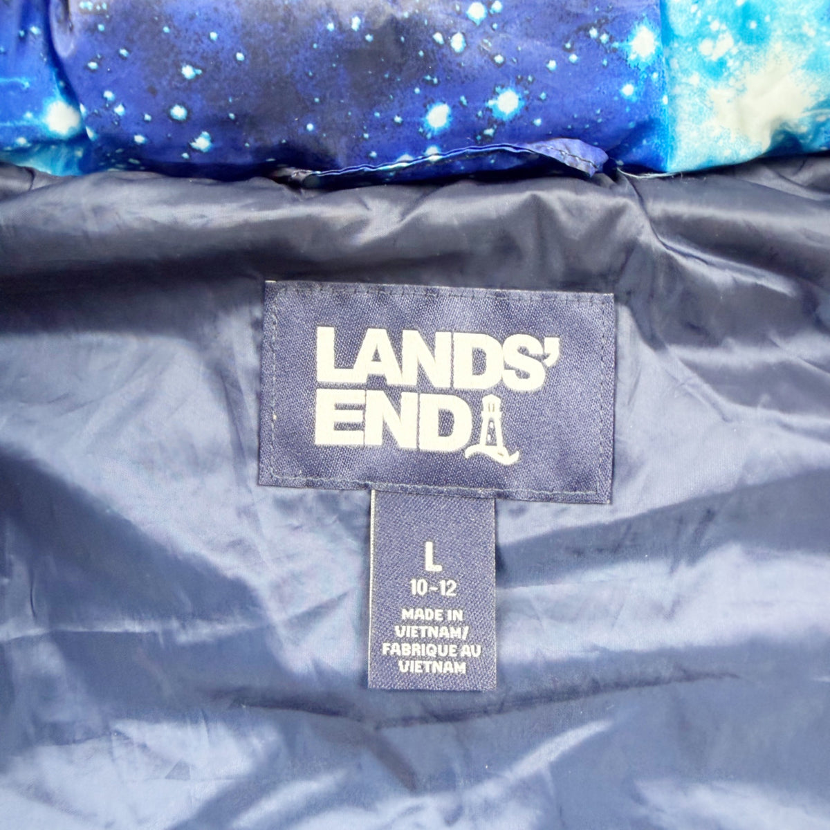 Lands End Puffer Vest Galaxy Print Lightweight Insulated Primaloft L 10-12