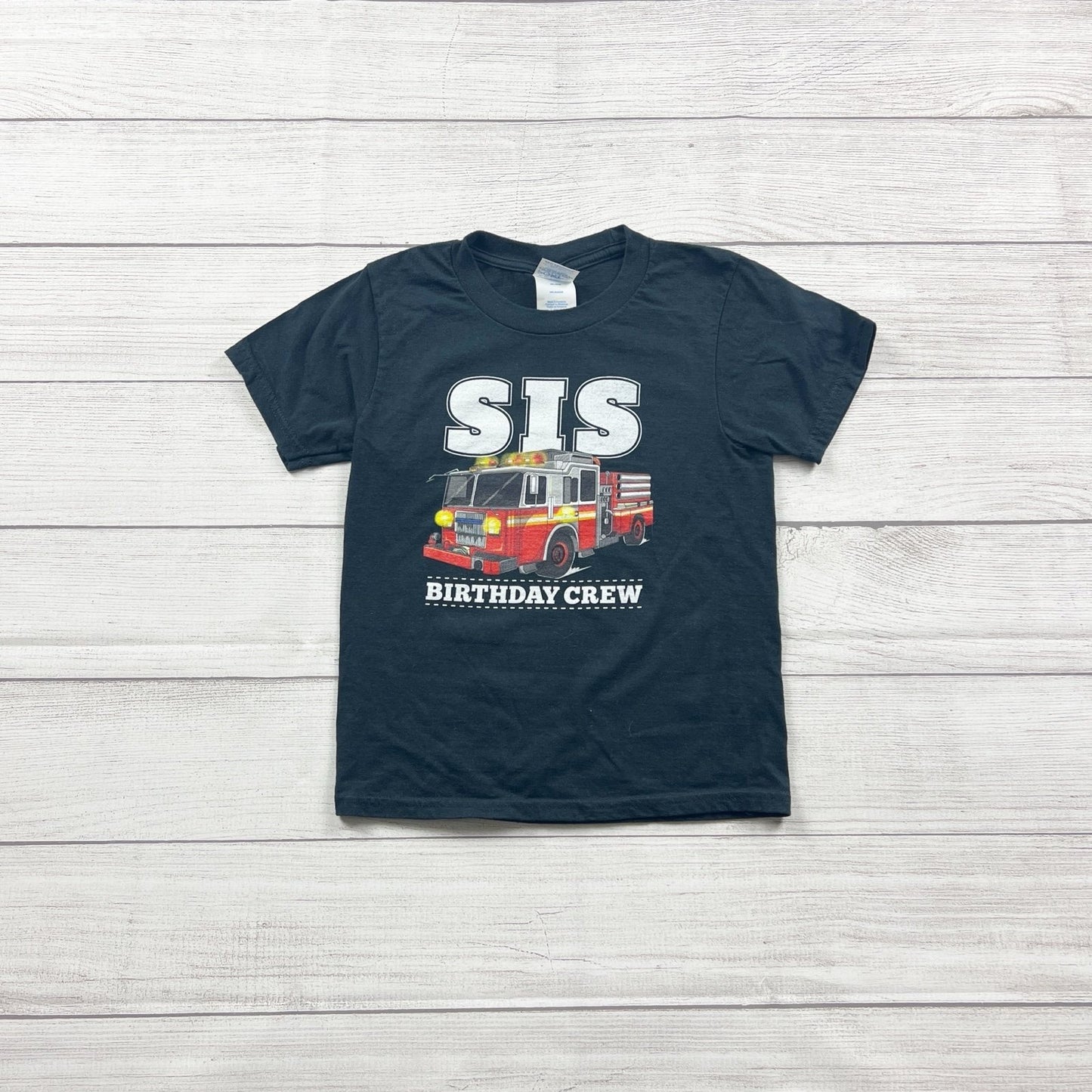 Port & Company Graphic T-Shirt “SIS Birthday Crew” Fire Truck Tee XS 5-6
