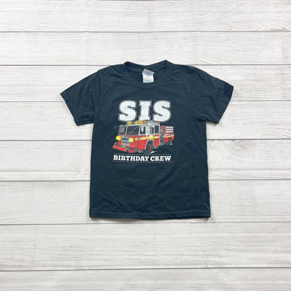 Port & Company Graphic T-Shirt “SIS Birthday Crew” Fire Truck Tee XS 5-6