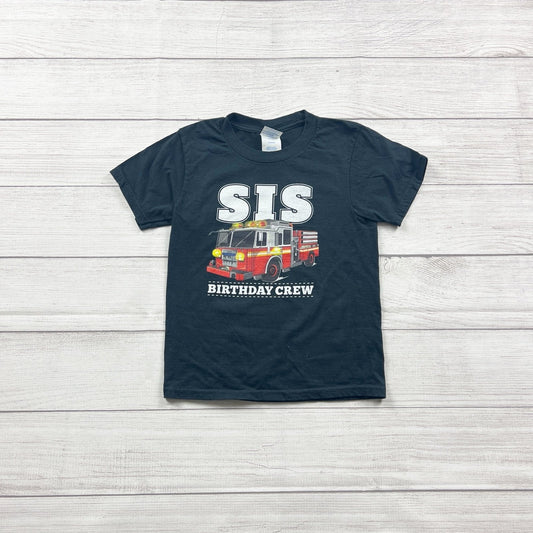 Port & Company Graphic T-Shirt “SIS Birthday Crew” Fire Truck Tee XS 5-6