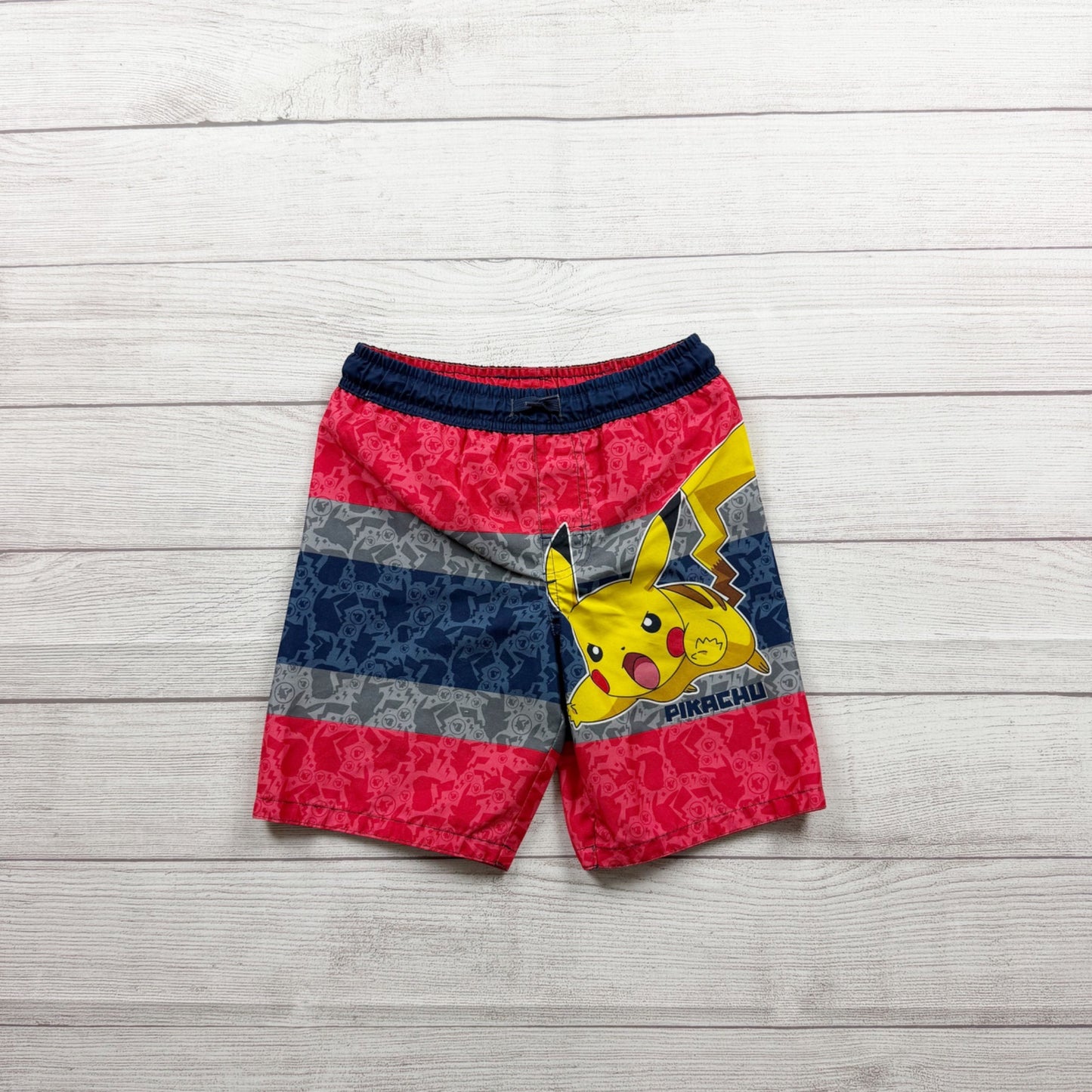 Pokemon Boys Pikachu Swim Trunks Red Blue Striped Elastic Waist Mesh Lined S