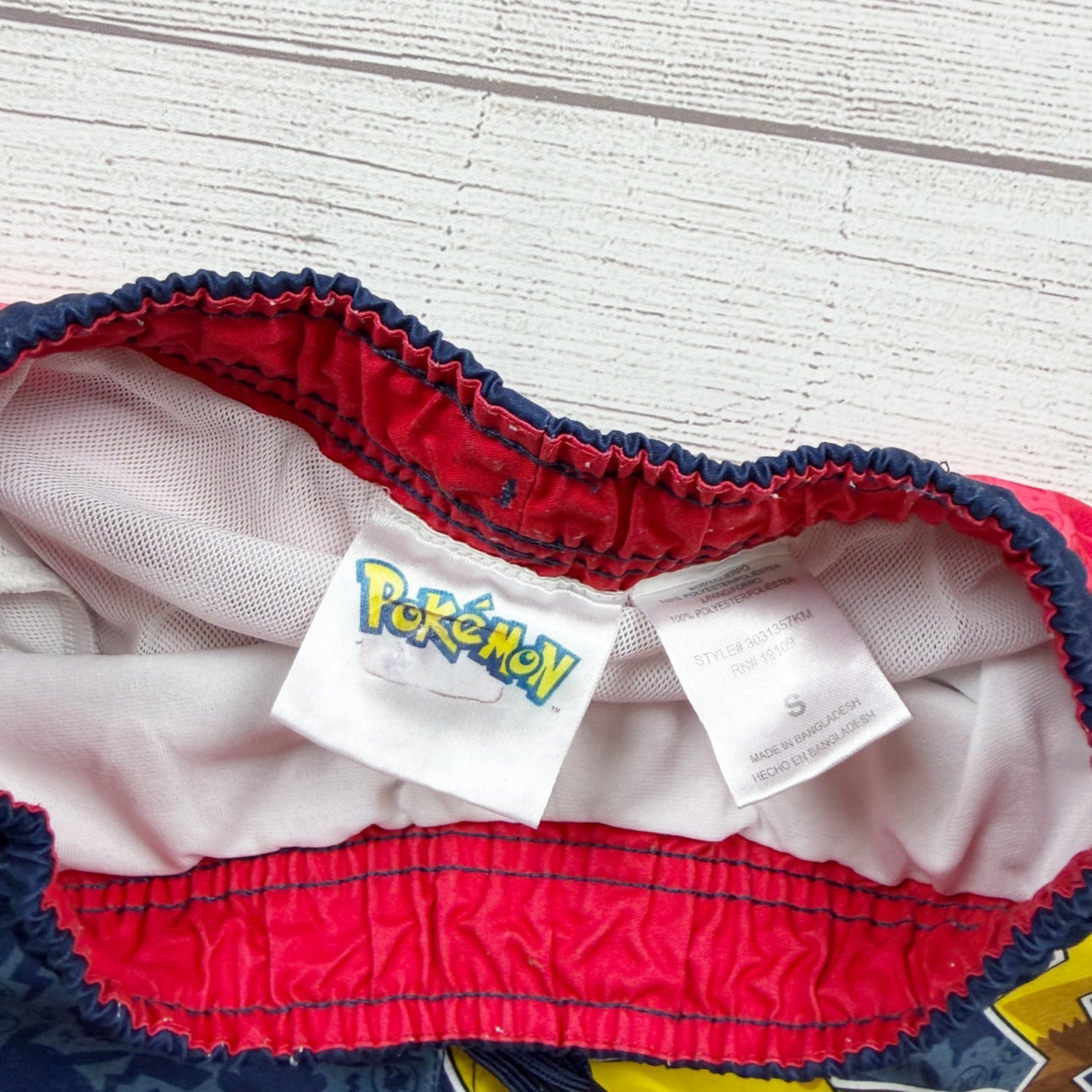 Pokemon Boys Pikachu Swim Trunks Red Blue Striped Elastic Waist Mesh Lined S