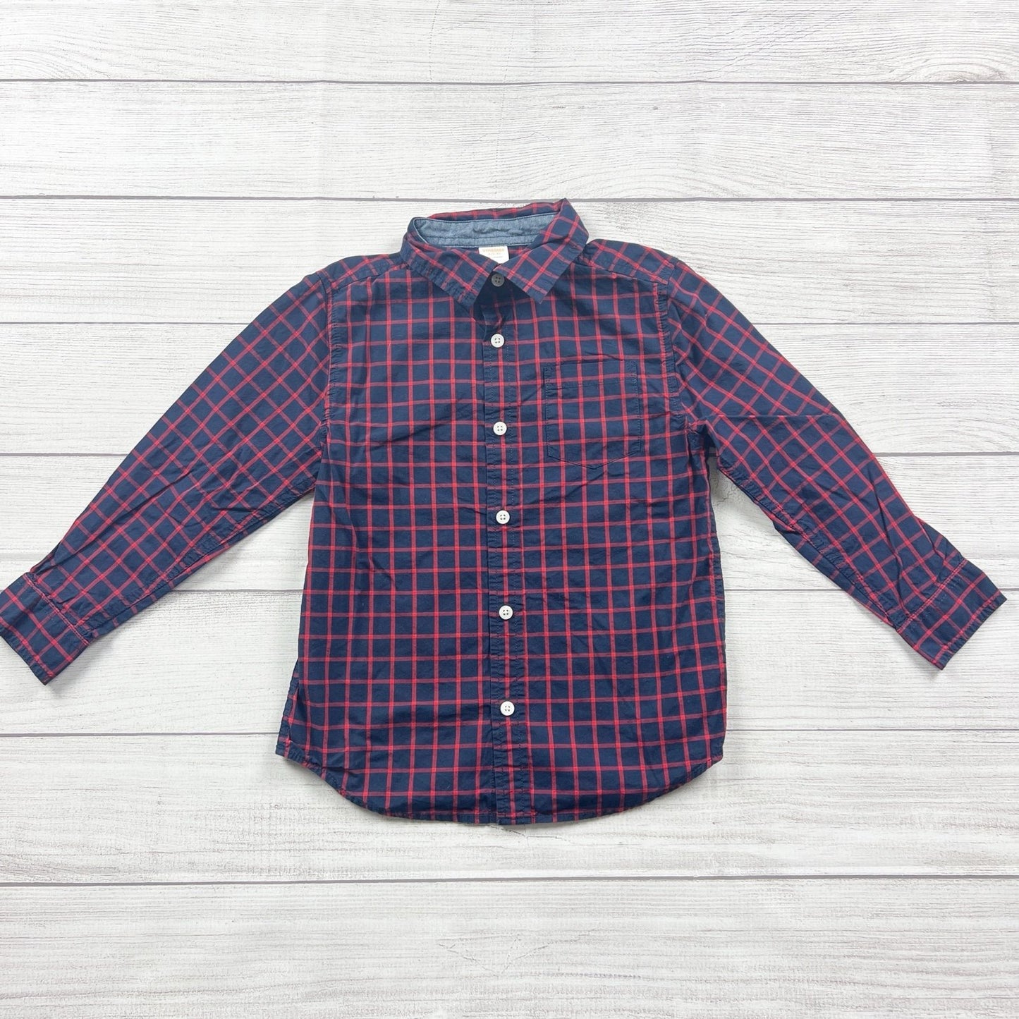 Gymboree Boys Plaid Button Down Shirt Navy Red Long Sleeve S 5-6