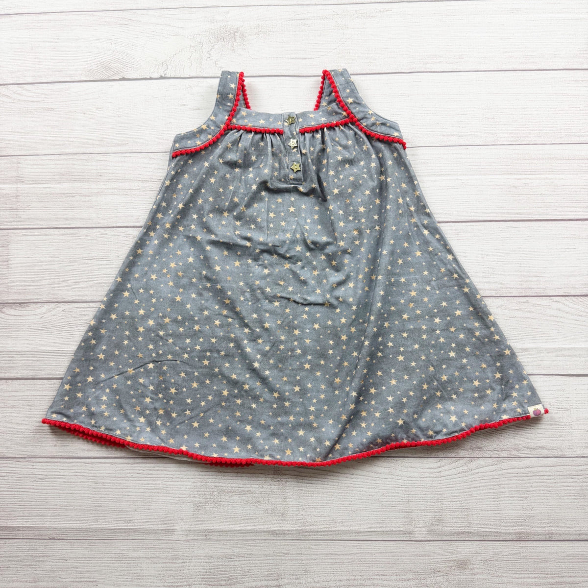 Cheeky Plum Star Print Sleeveless Girls Dress Red Pom Trim 6