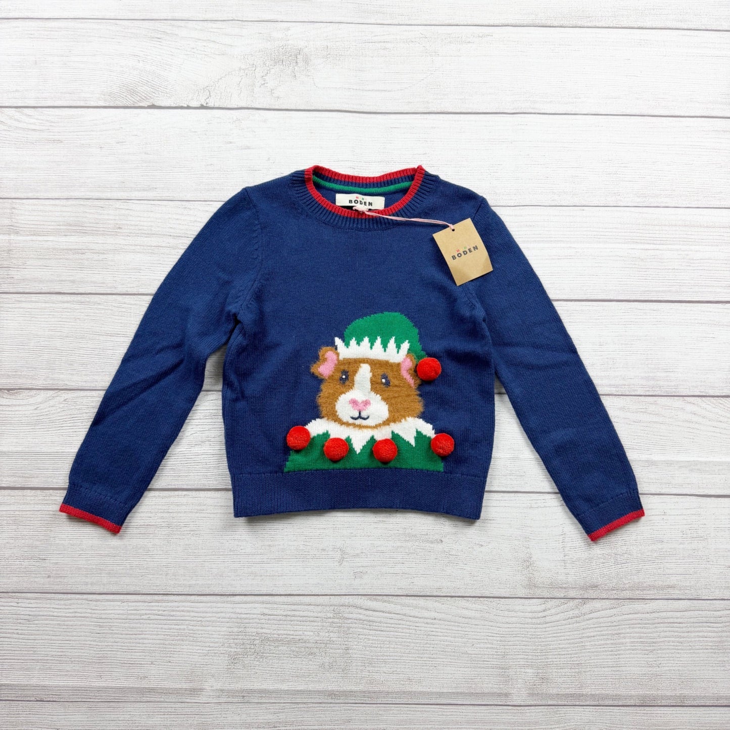 Mini Boden Christmas Sweater Guinea Pig Elf Knit Pullover Pom Pom NWT 4-5