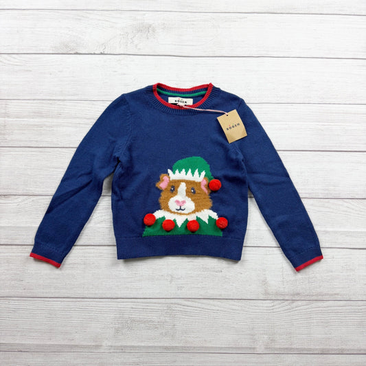 Mini Boden Christmas Sweater Guinea Pig Elf Knit Pullover Pom Pom NWT 4-5