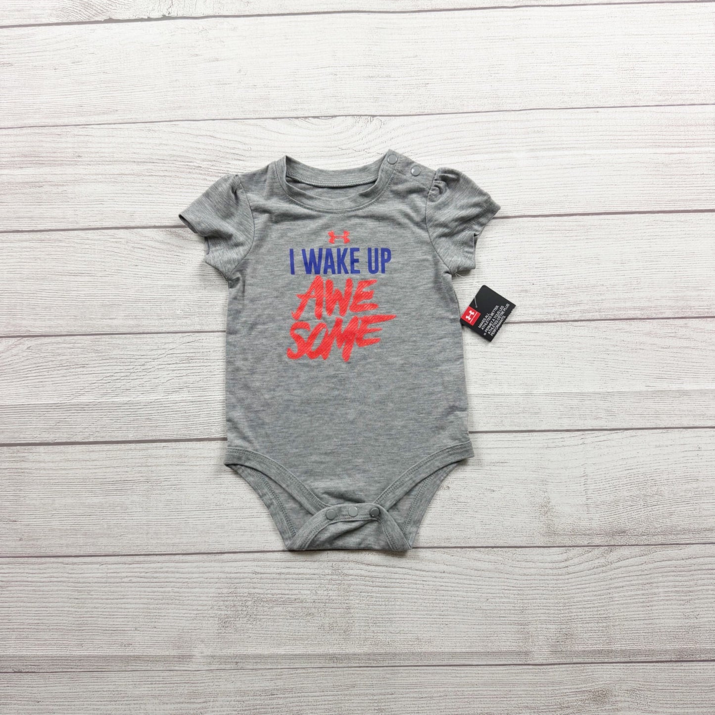 Under Armour Baby "I Wake Up Awesome" Bodysuit Heather Gray NWT 6-9 Months