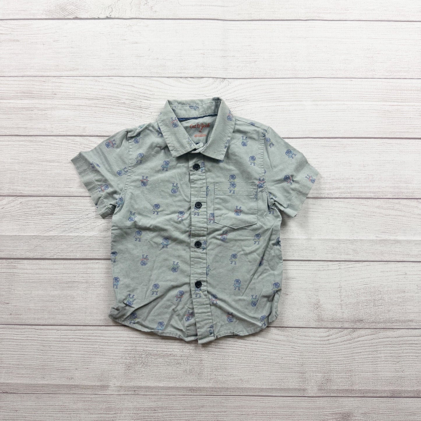 Cat & Jack Toddler Boys Button Up Shirt Short Sleeve Dino Hula 3T