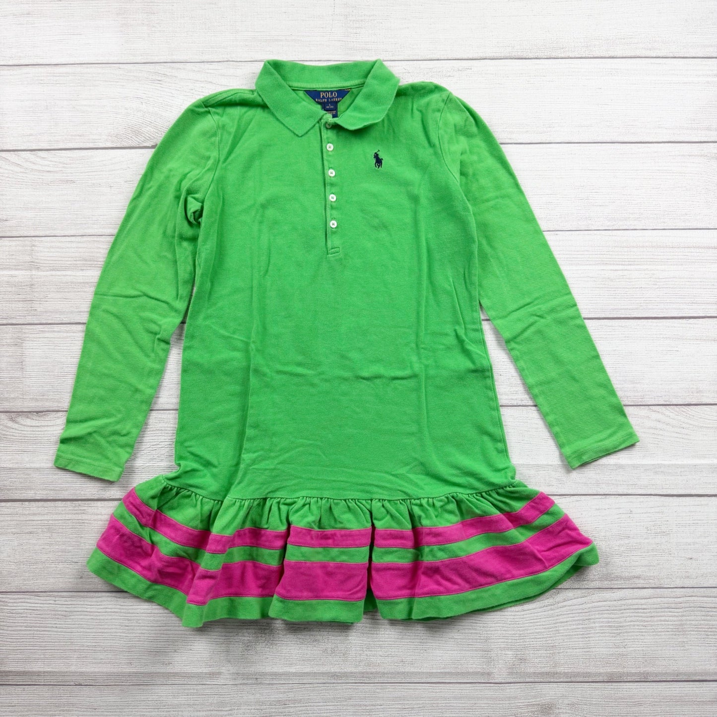 Polo Ralph Lauren Girls Long Sleeve Polo Dress Green Pink Ruffle Hem L 12-14