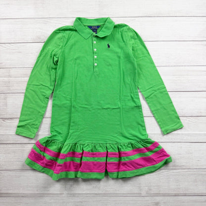 Polo Ralph Lauren Girls Long Sleeve Polo Dress Green Pink Ruffle Hem L 12-14