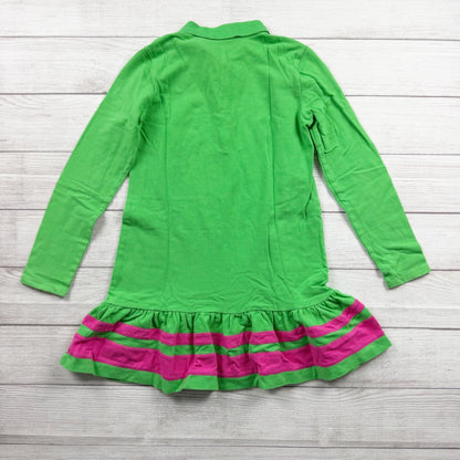 Polo Ralph Lauren Girls Long Sleeve Polo Dress Green Pink Ruffle Hem L 12-14