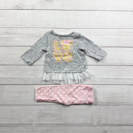 Disney Baby Minnie Mouse Love Outfit Set Polka Dot Pants 3-6 Months