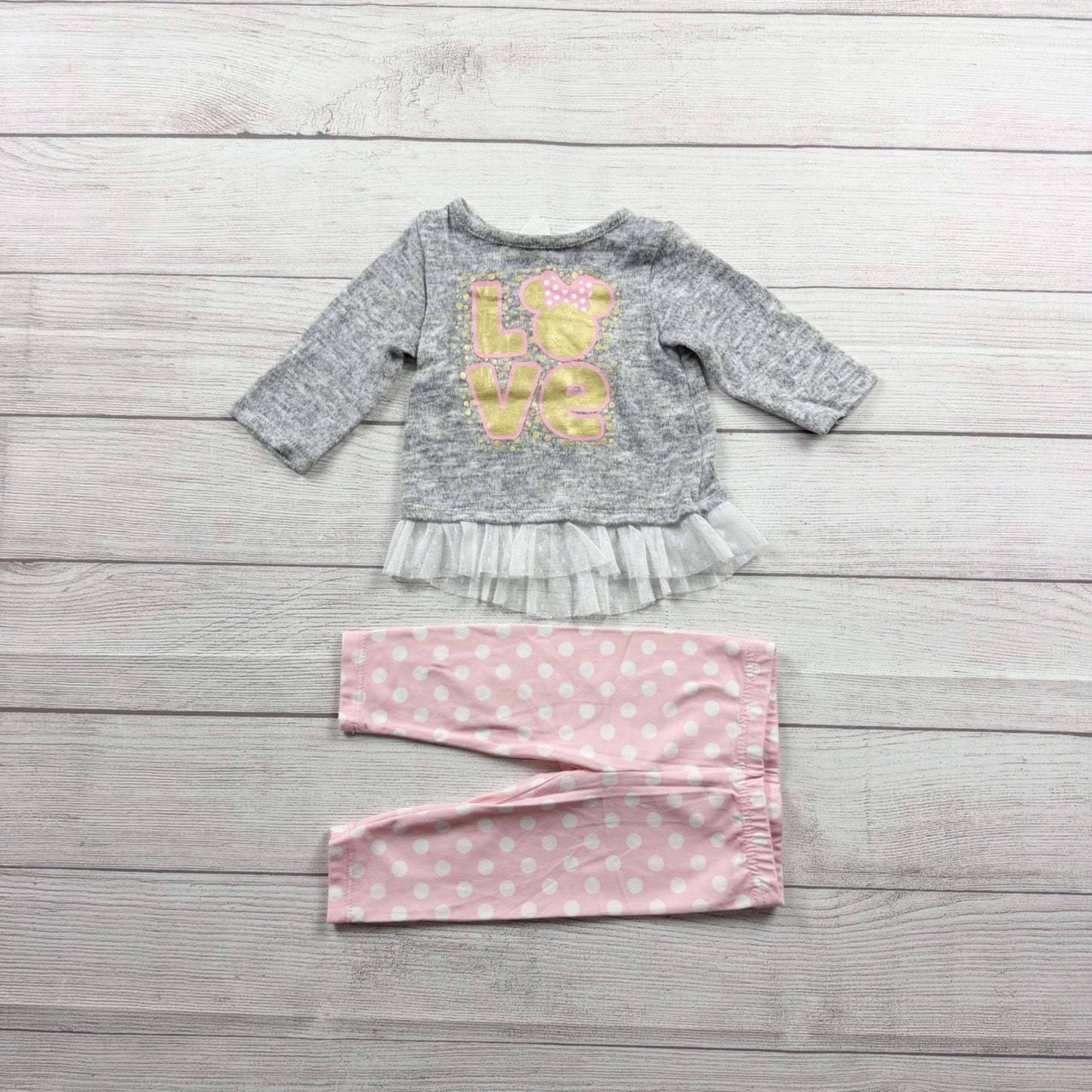 Disney Baby Minnie Mouse Love Outfit Set Polka Dot Pants 3-6 Months