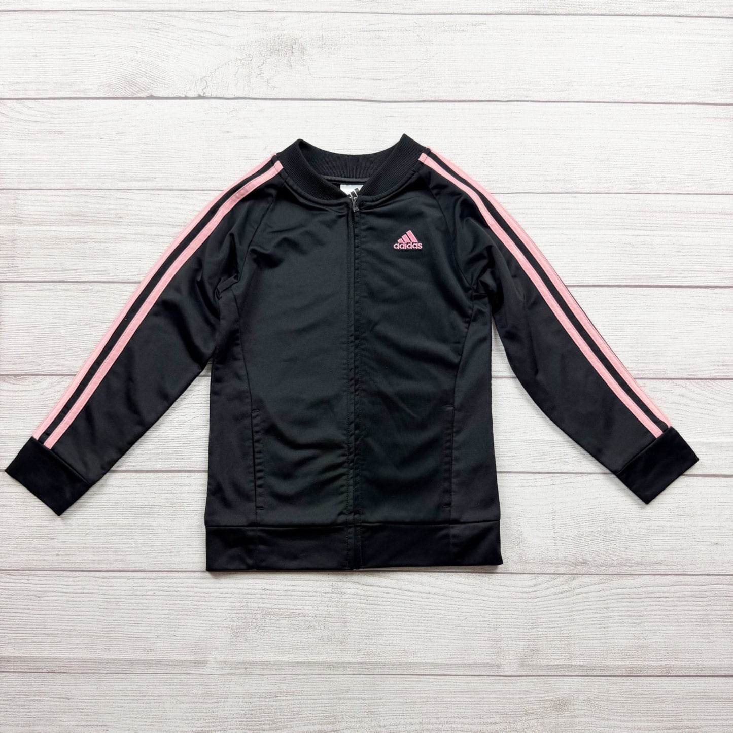 Adidas Girls Black Full Zip Track Jacket Pink Stripes Logo 6