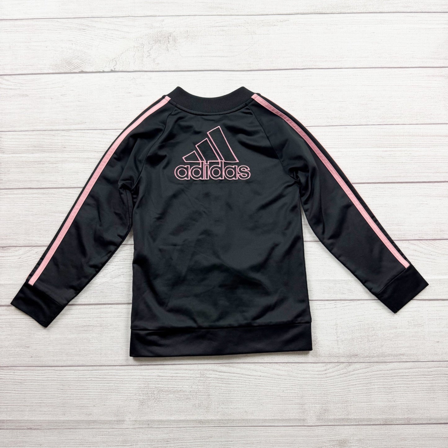 Adidas Girls Black Full Zip Track Jacket Pink Stripes Logo 6