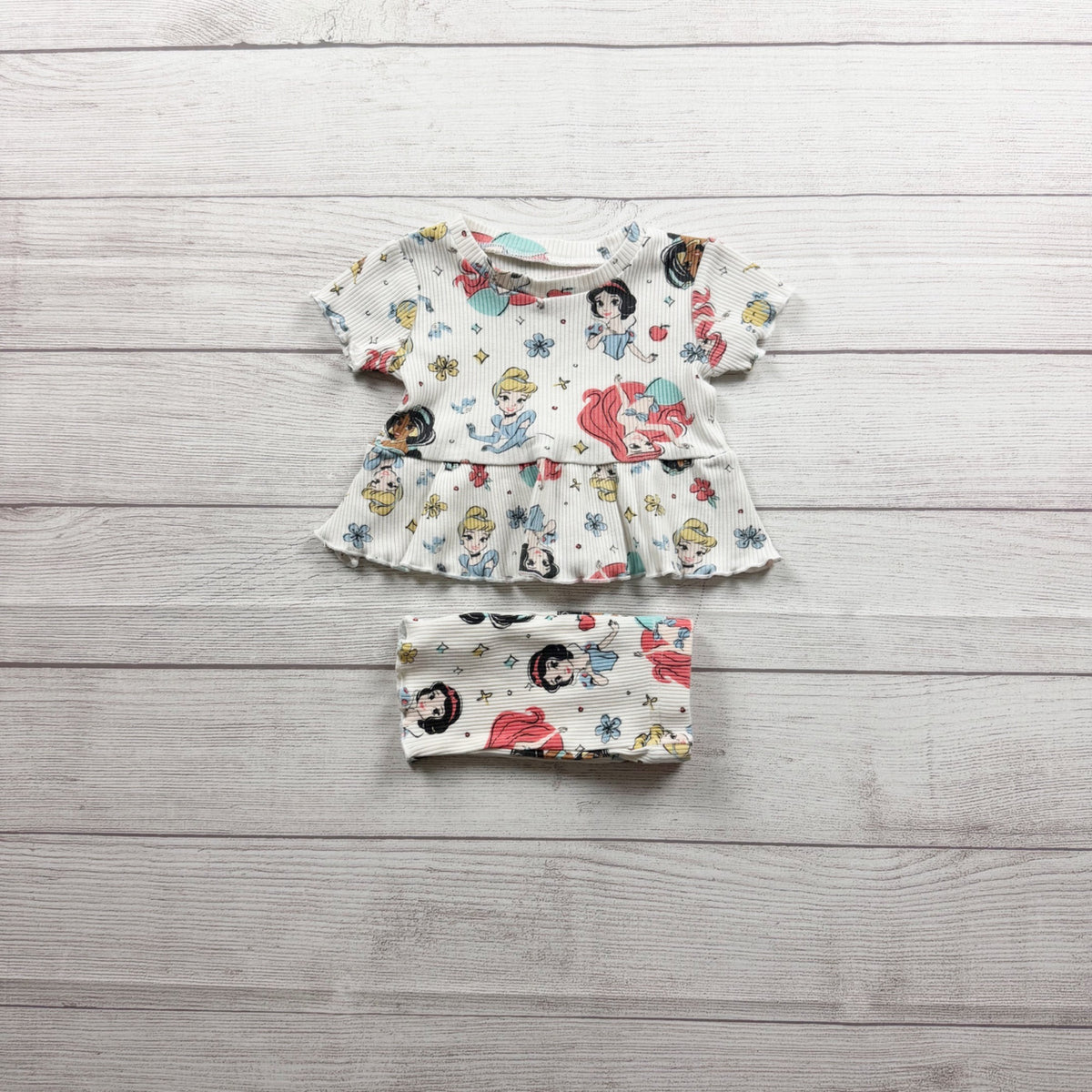Disney Baby Princess 2 Piece Outfit Short Sleeve Peplum Top Shorts 3-6 Months
