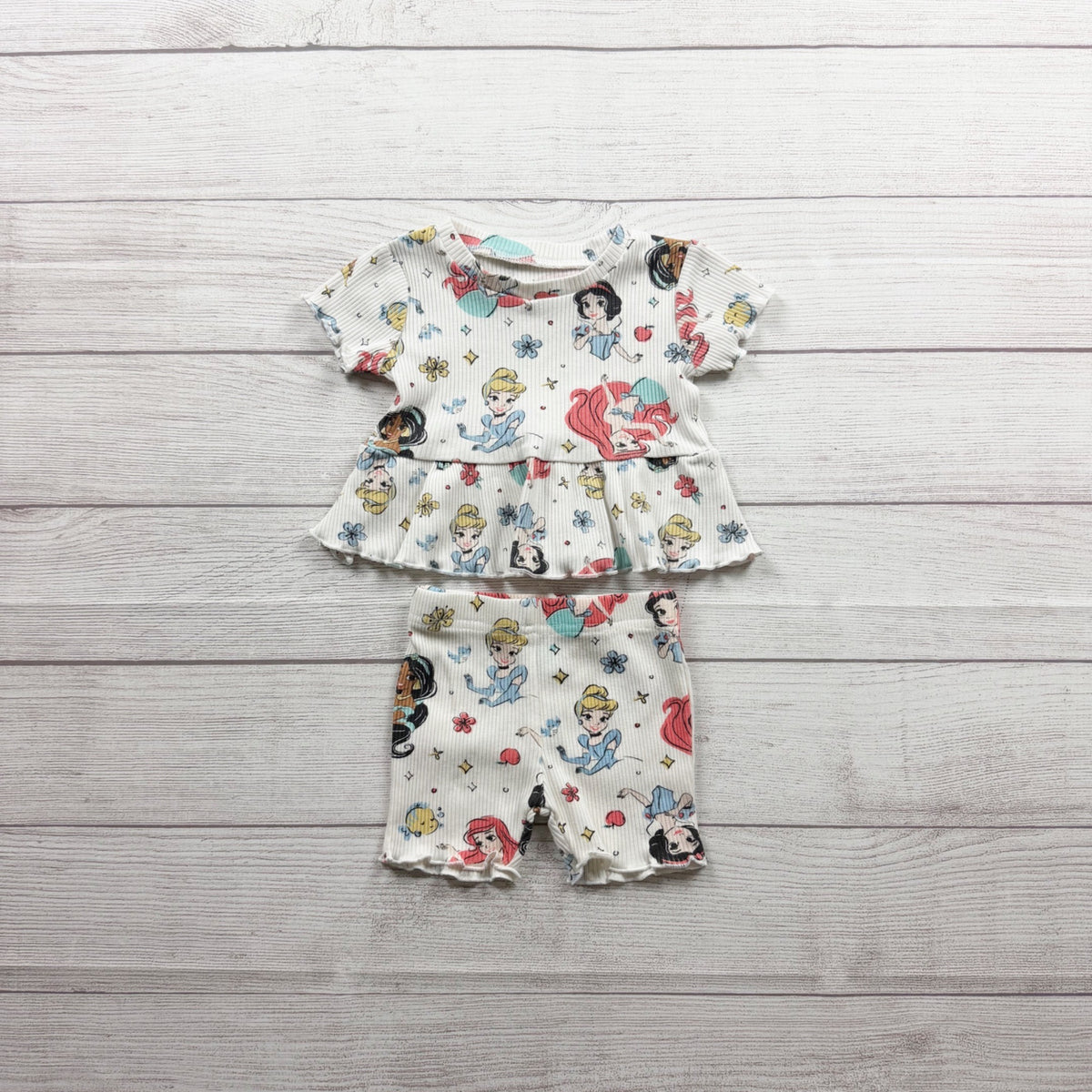 Disney Baby Princess 2 Piece Outfit Short Sleeve Peplum Top Shorts 3-6 Months