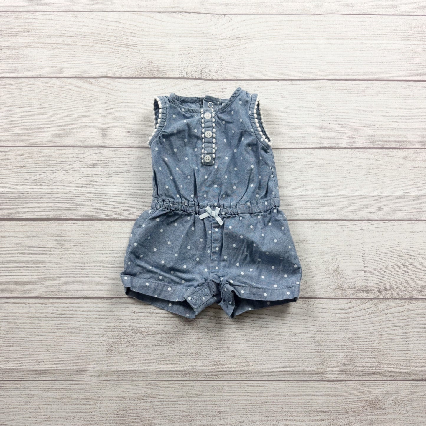Carter’s Blue Polka Dot Baby Romper Ruffled Sleeves Bow 0-3 Months