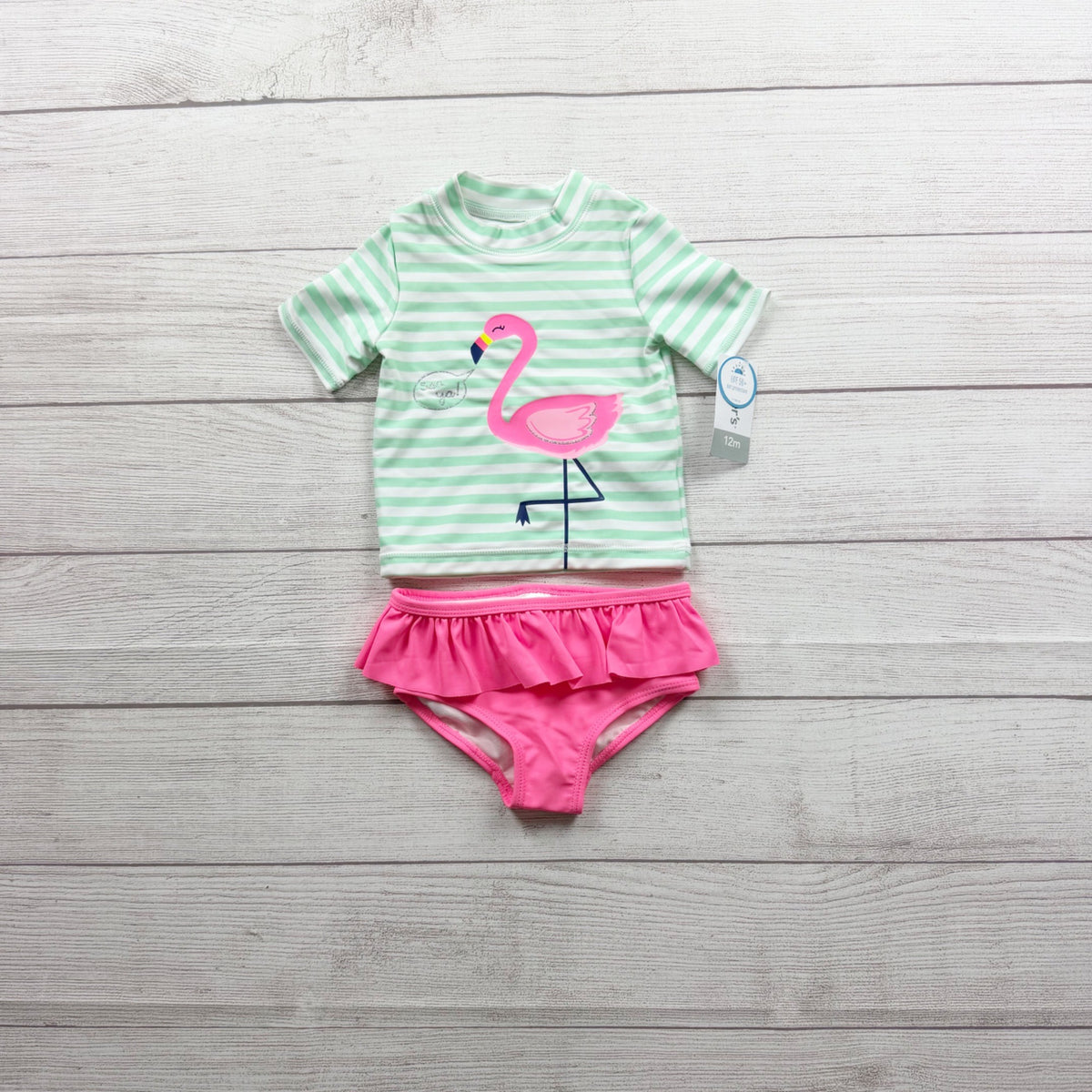 Carter's Baby Girls Flamingo Rash Guard Swimsuit Set Stripes NWT 9-12 Months