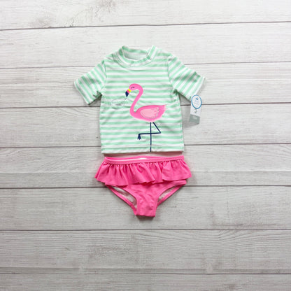 Carter's Baby Girls Flamingo Rash Guard Swimsuit Set Stripes NWT 9-12 Months