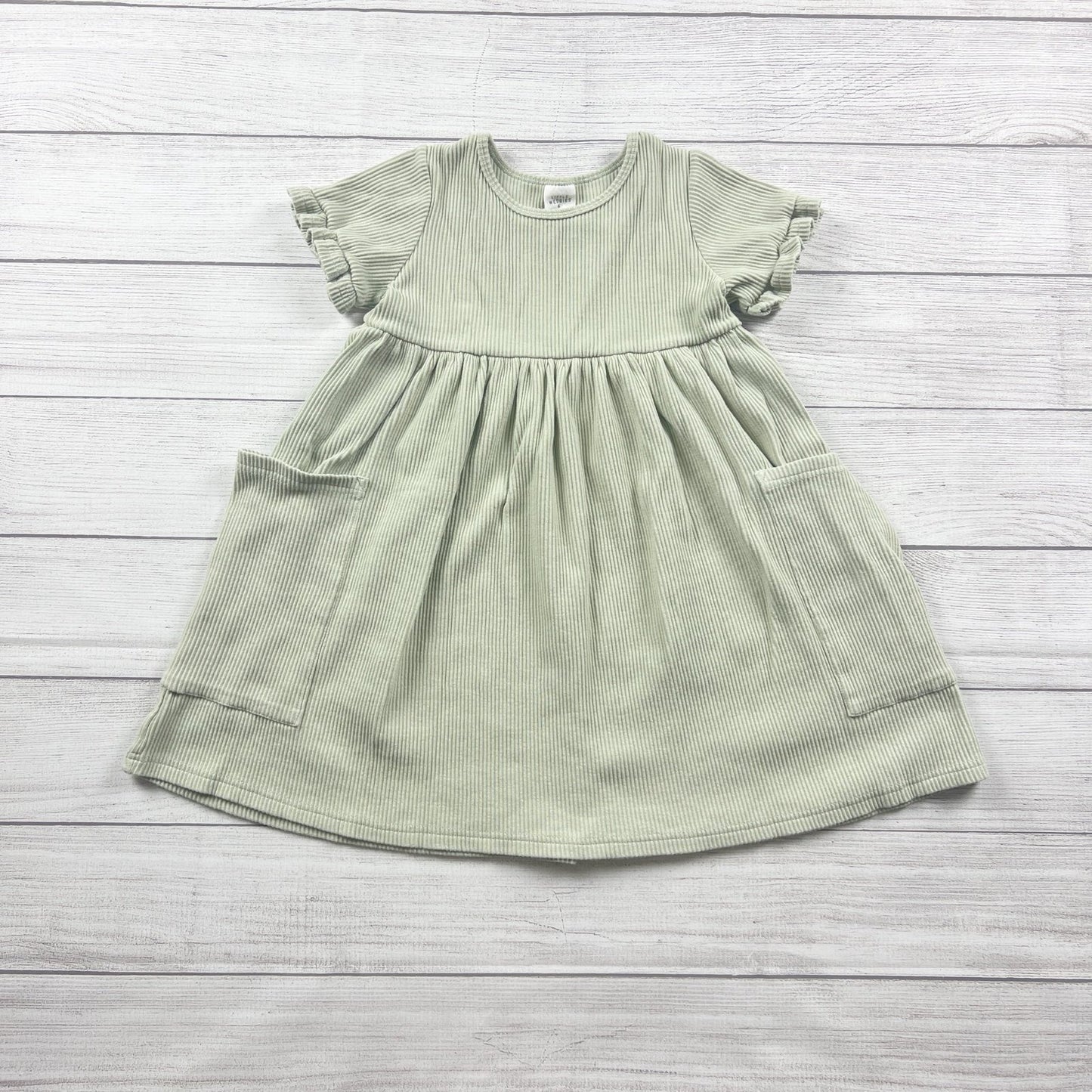 Little Wedgies Girls Dress Sage Green Ribbed Flutter Sleeve Pocket Dress 6