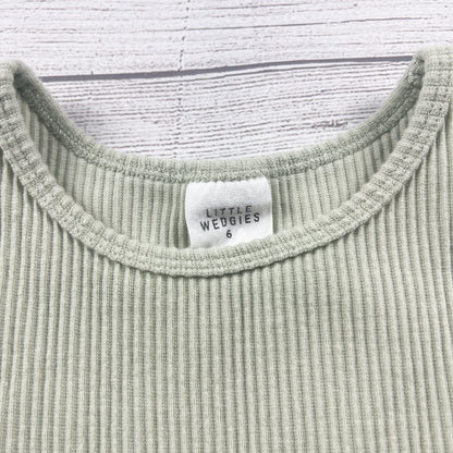 Little Wedgies Girls Dress Sage Green Ribbed Flutter Sleeve Pocket Dress 6