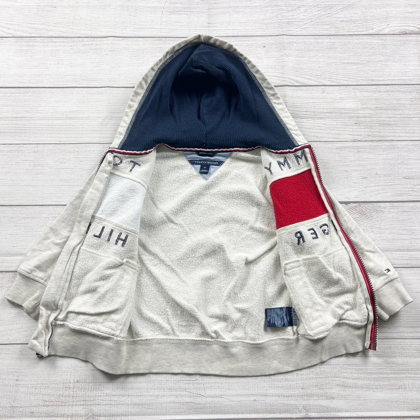 Tommy Hilfiger Toddler Hoodie Beige Full Zip Logo Hooded Sweatshirt Jacket 3T