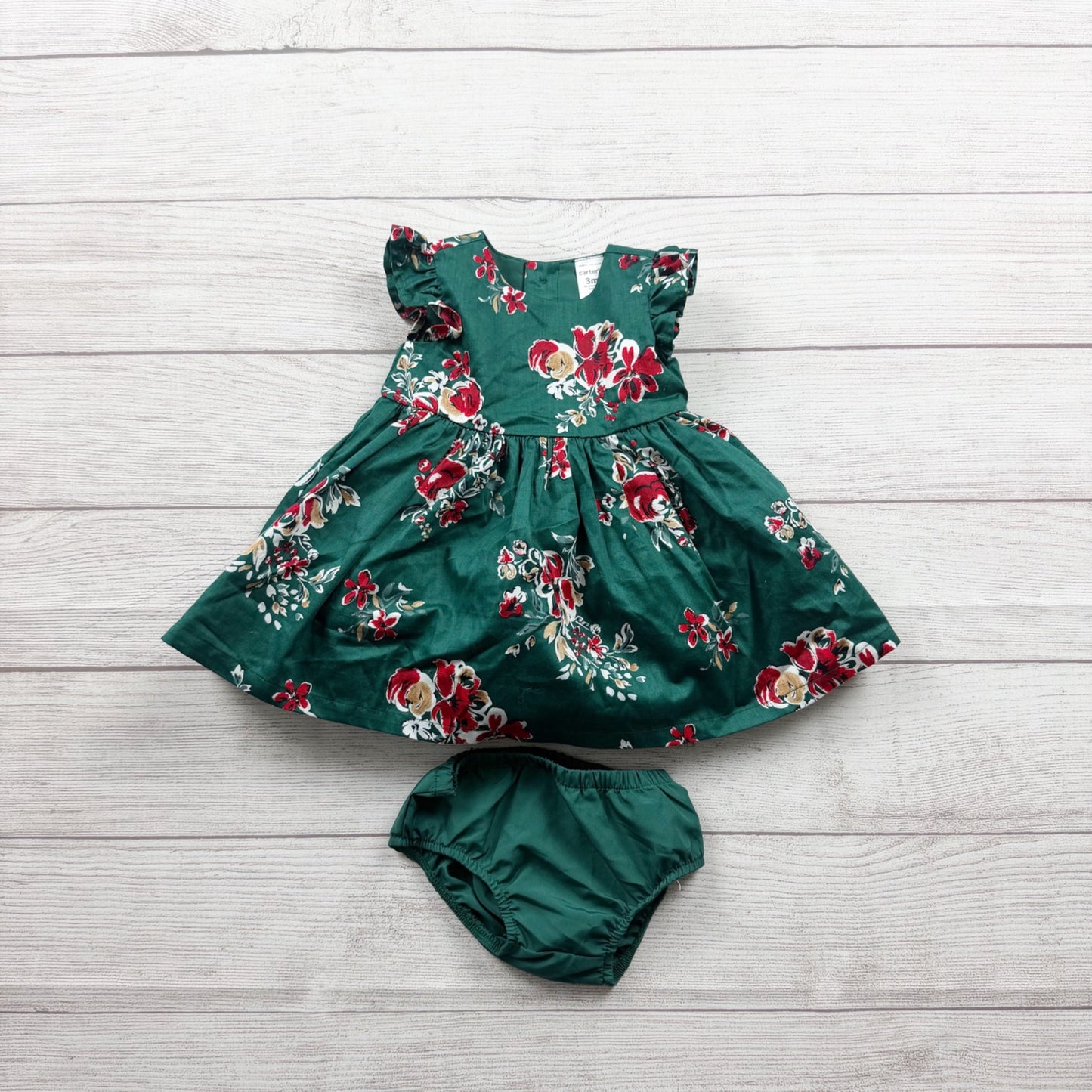 Carter’s Baby Girl Floral Green Dress Ruffles Bloomers 0-3 Months