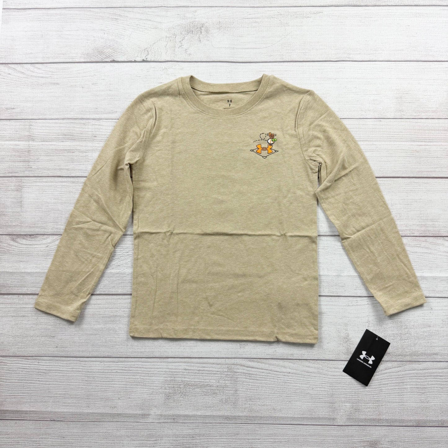 Under Armour Boys Long Sleeve Shirt Tan Graphic Baseball Tee NWT 7