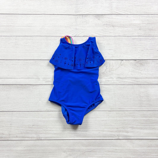 Cat & Jack Girls One Piece Swimsuit Blue Rainbow Strappy Cutout Ruffle XS 4-5