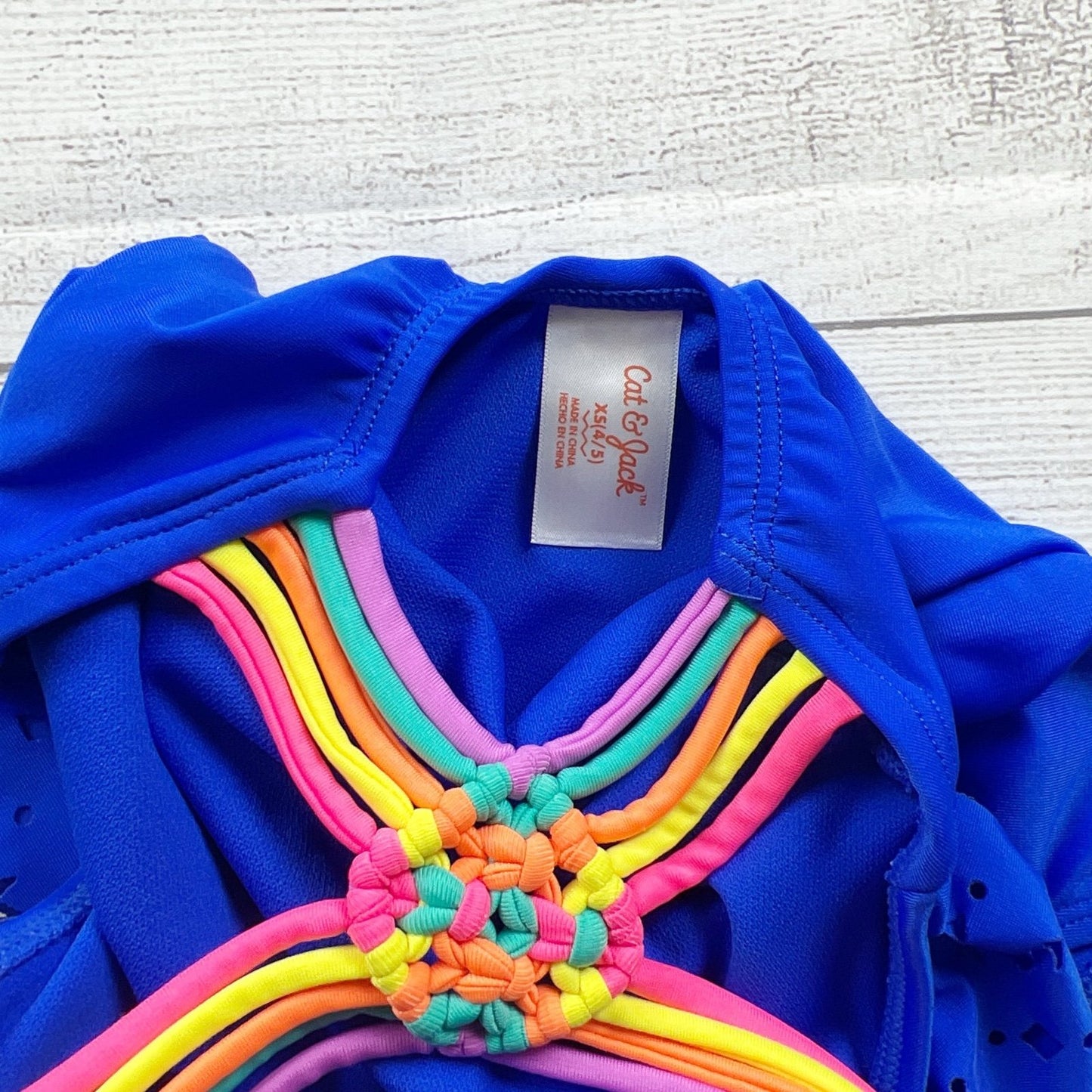 Cat & Jack Girls One Piece Swimsuit Blue Rainbow Strappy Cutout Ruffle XS 4-5