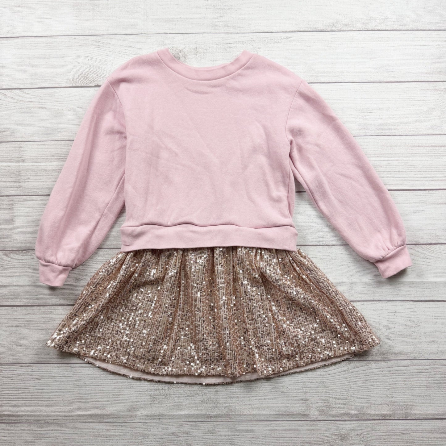Gap Kids Girls Pink Sweatshirt Dress With Gold Sequin Skirt M 8-9