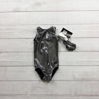 GK Elite Girls Black Metallic Gymnastics Leotard Matching Scrunchie NWT CXS 4