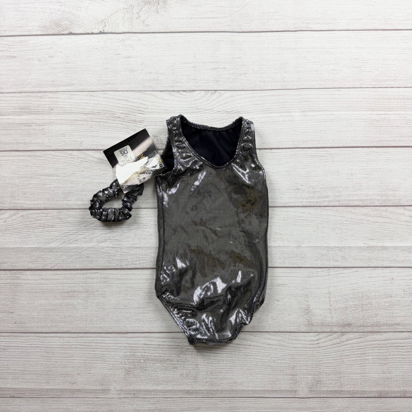 GK Elite Girls Black Metallic Gymnastics Leotard Matching Scrunchie NWT CXS 4