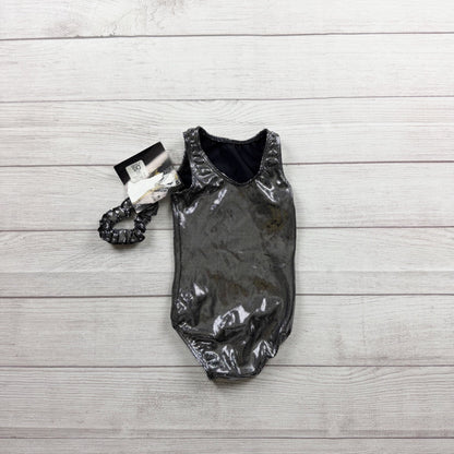GK Elite Girls Black Metallic Gymnastics Leotard Matching Scrunchie NWT CXS 4