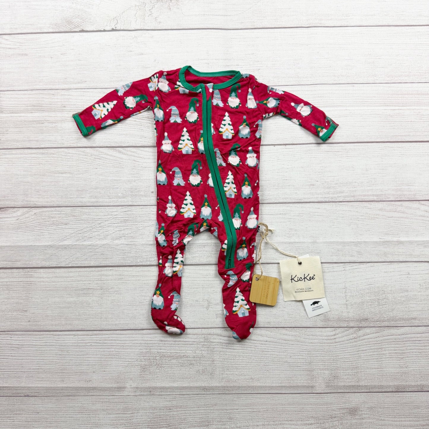 Kickee Baby Holiday Footie Pajamas Zip Gnome Tree Print Bamboo NWT 0-3 Months