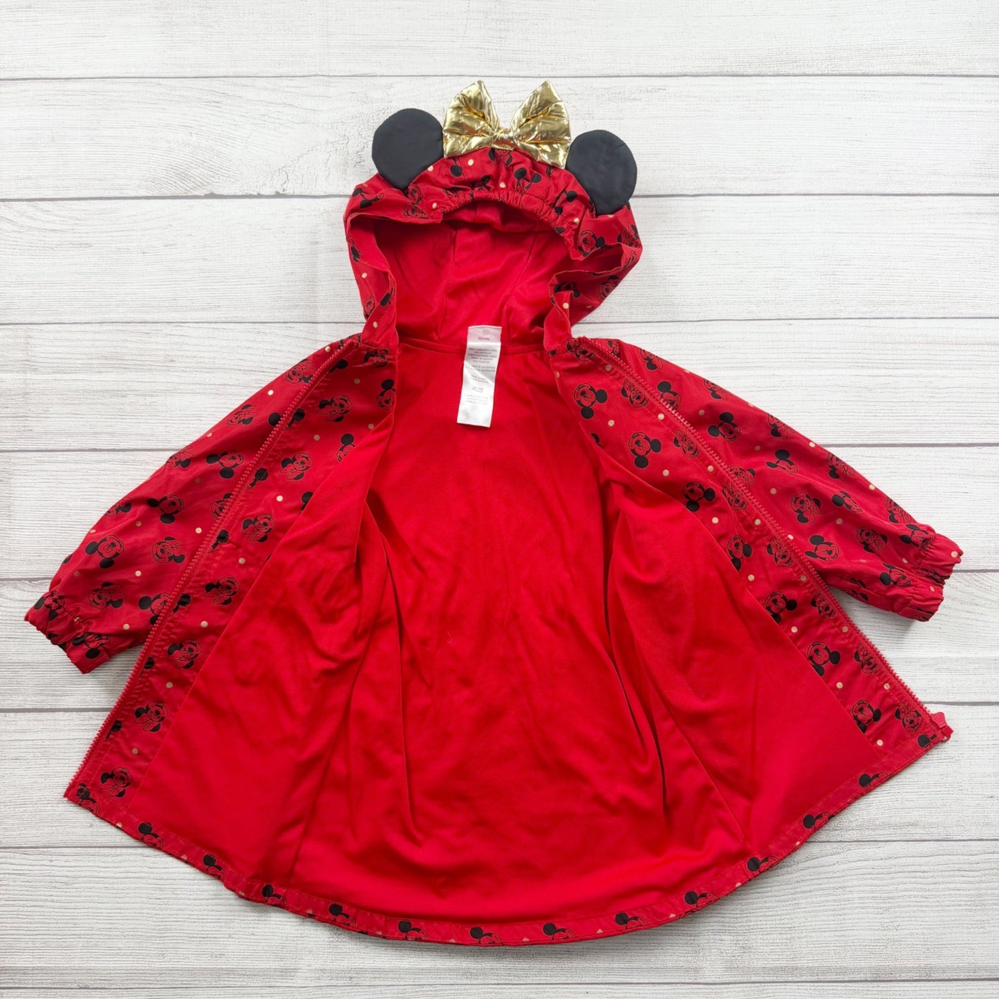 Disney Minnie Mouse Toddler Girls Red Hooded Raincoat Gold Bow Ears Jacket 3T