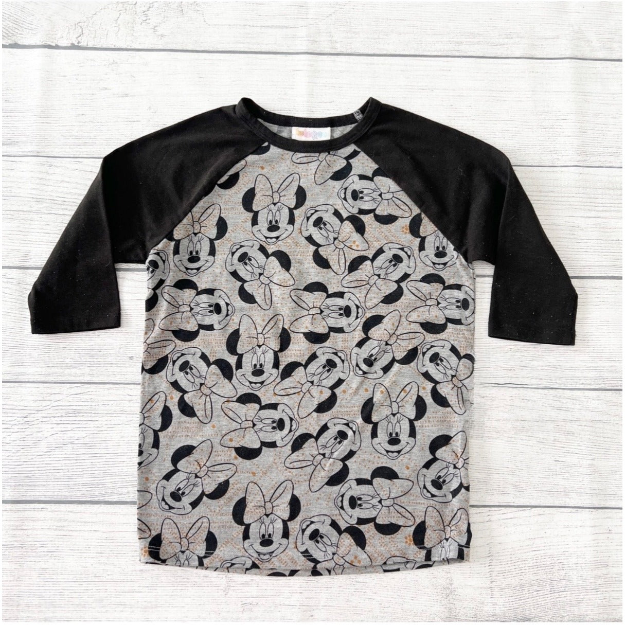LuLaRoe Disney Minnie Mouse Raglan Shirt Girls 3/4 Sleeve Bow Print Top 4
