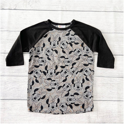 LuLaRoe Disney Minnie Mouse Raglan Shirt Girls 3/4 Sleeve Bow Print Top 4