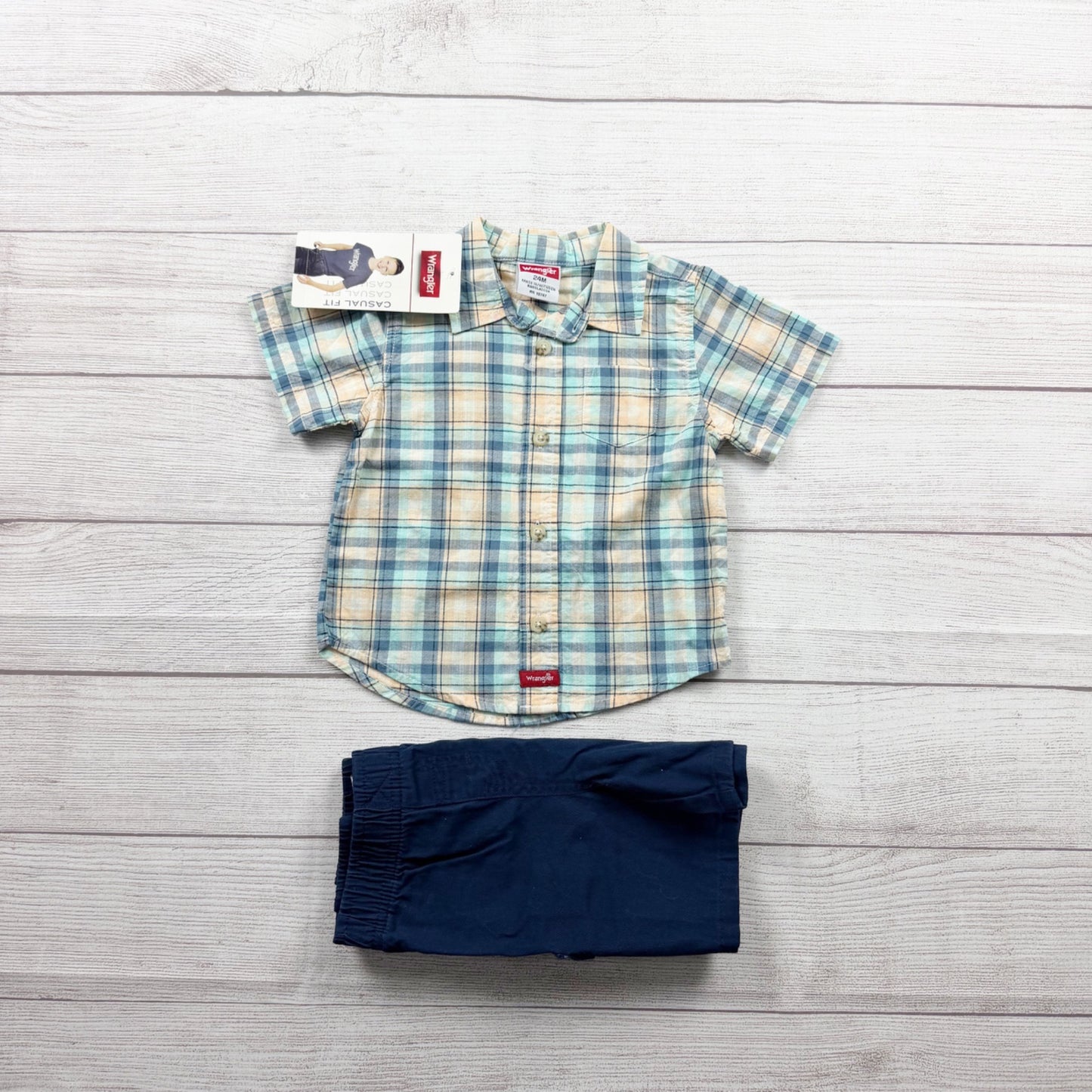 Wrangler Toddler Plaid Button Up Shirt Navy Cargo Shorts Outfit 18-24 Months NWT
