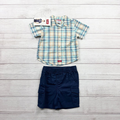 Wrangler Toddler Plaid Button Up Shirt Navy Cargo Shorts Outfit 18-24 Months NWT