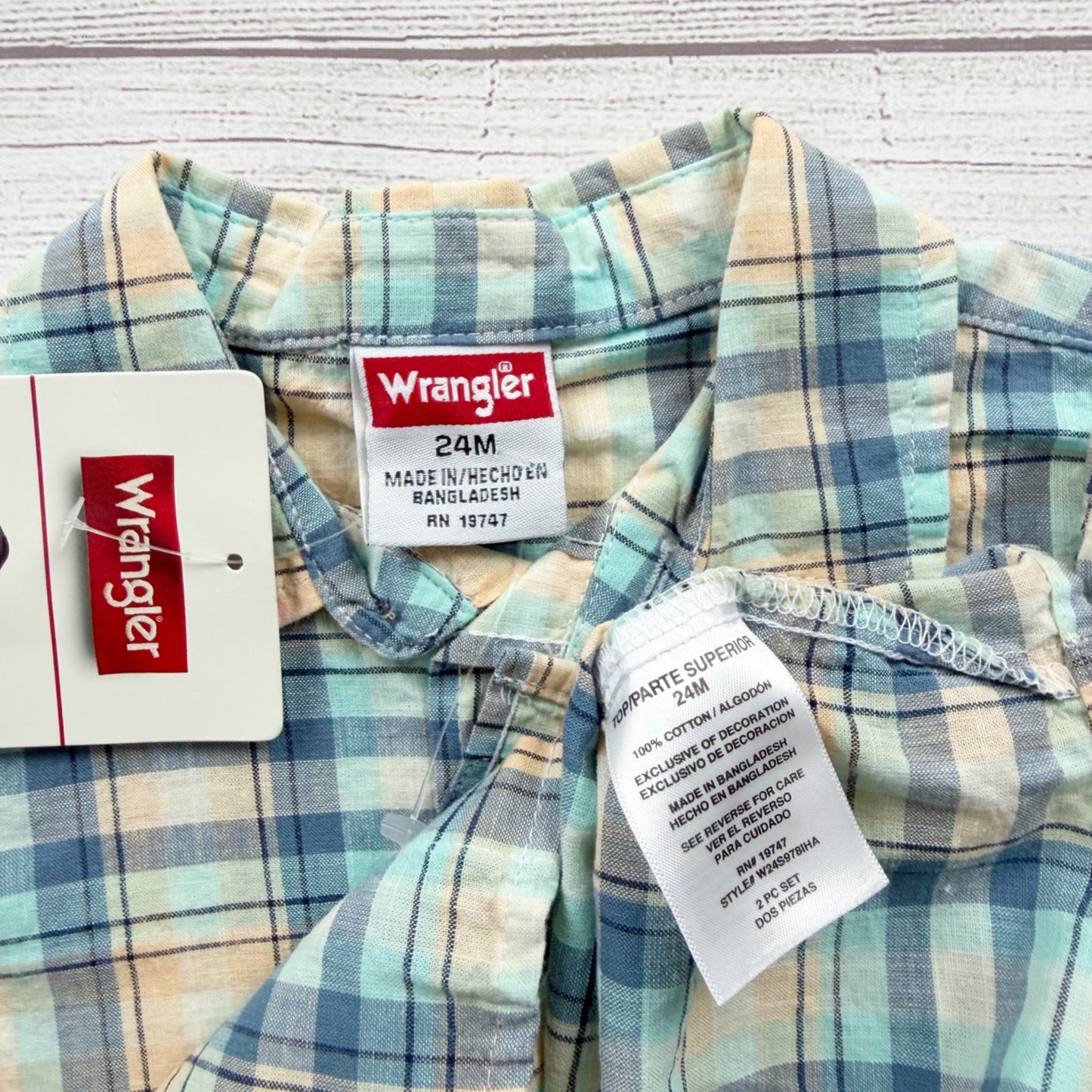 Wrangler Toddler Plaid Button Up Shirt Navy Cargo Shorts Outfit 18-24 Months NWT