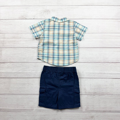 Wrangler Toddler Plaid Button Up Shirt Navy Cargo Shorts Outfit 18-24 Months NWT