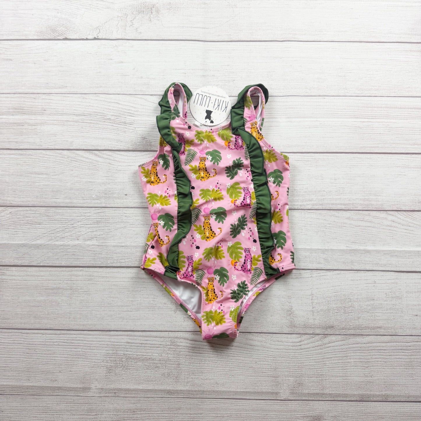 Kiki + Lulu Girls Pink Jungle Leopard Print Swimsuit Ruffle Accent NWT 7-8