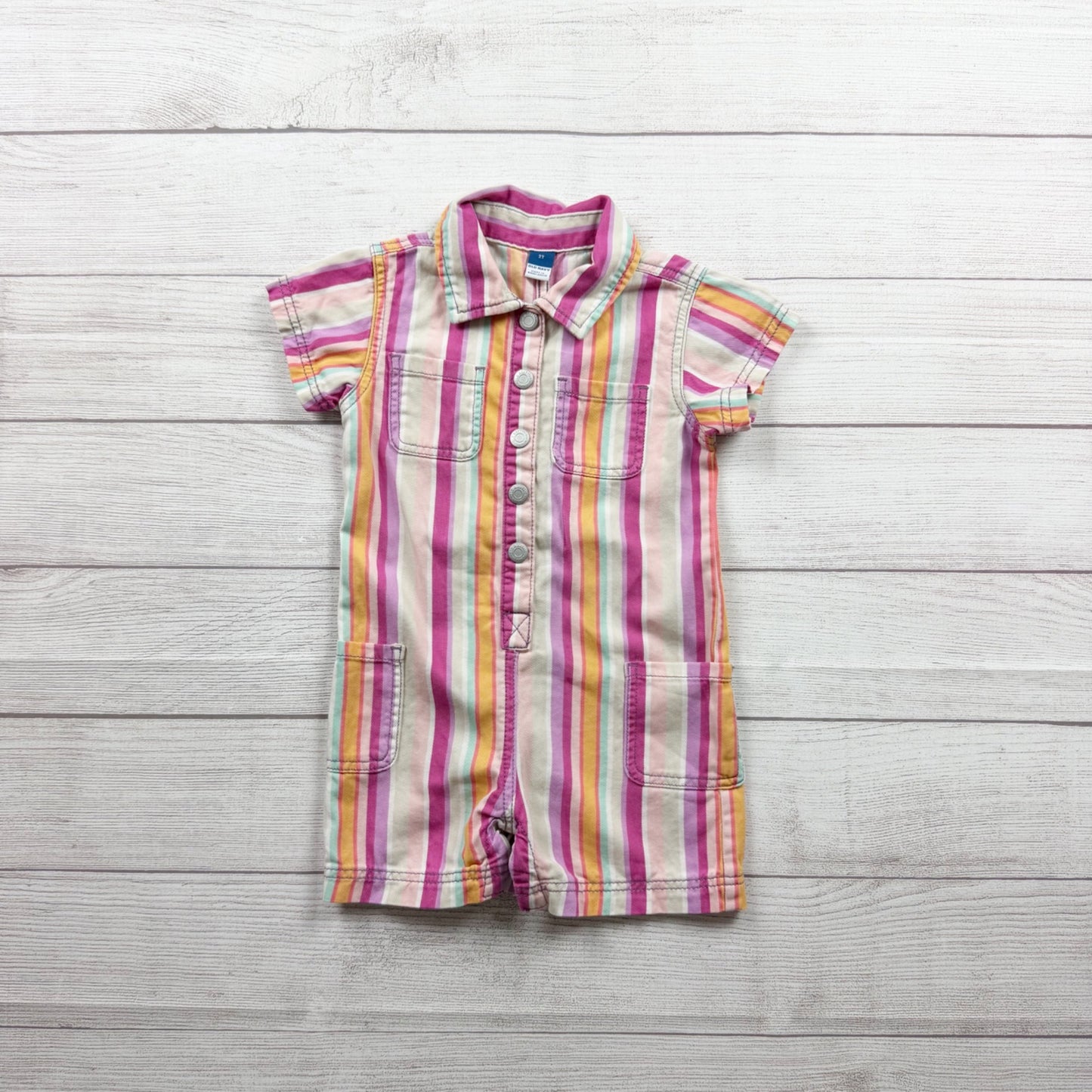Old Navy Girls Striped Short Sleeve Button Up Romper Multicolor Cotton 2T