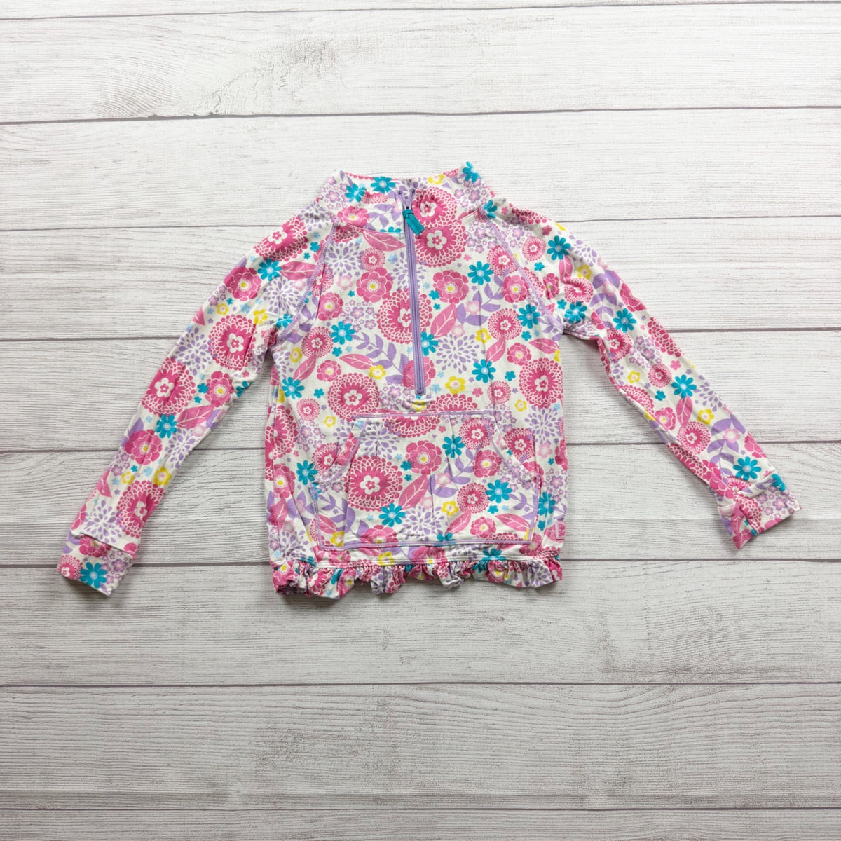 RuffleButts Girls Floral Long Sleeve Quarter Zip Top Ruffles 4T 5