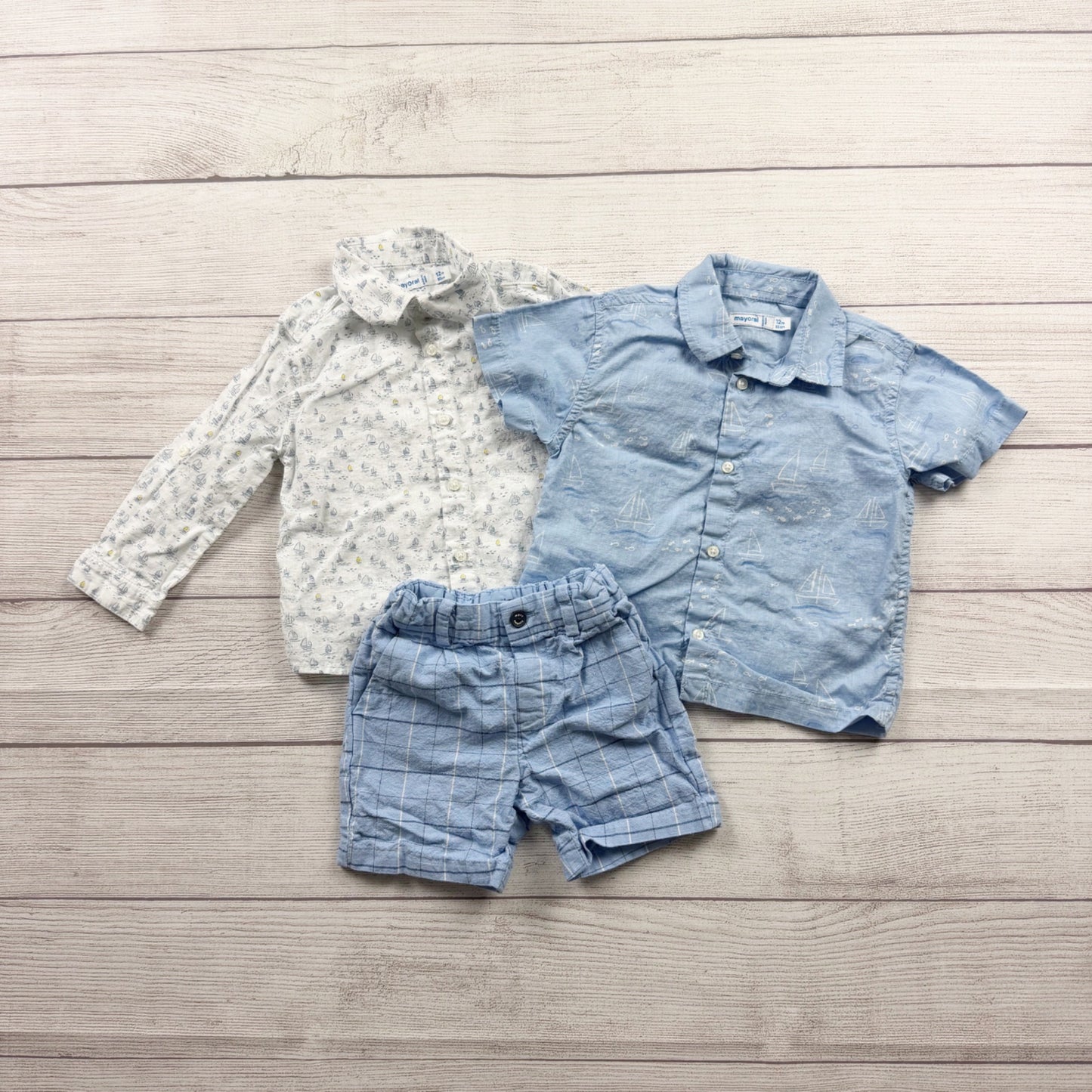 Mayoral Outfit Set Sailboat Button-Up Shirts + Plaid Shorts 3-Piece 9-12 Months