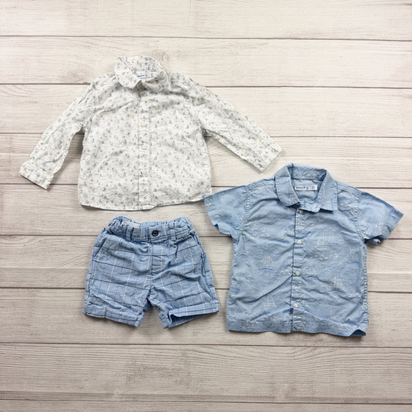 Mayoral Outfit Set Sailboat Button-Up Shirts + Plaid Shorts 3-Piece 9-12 Months