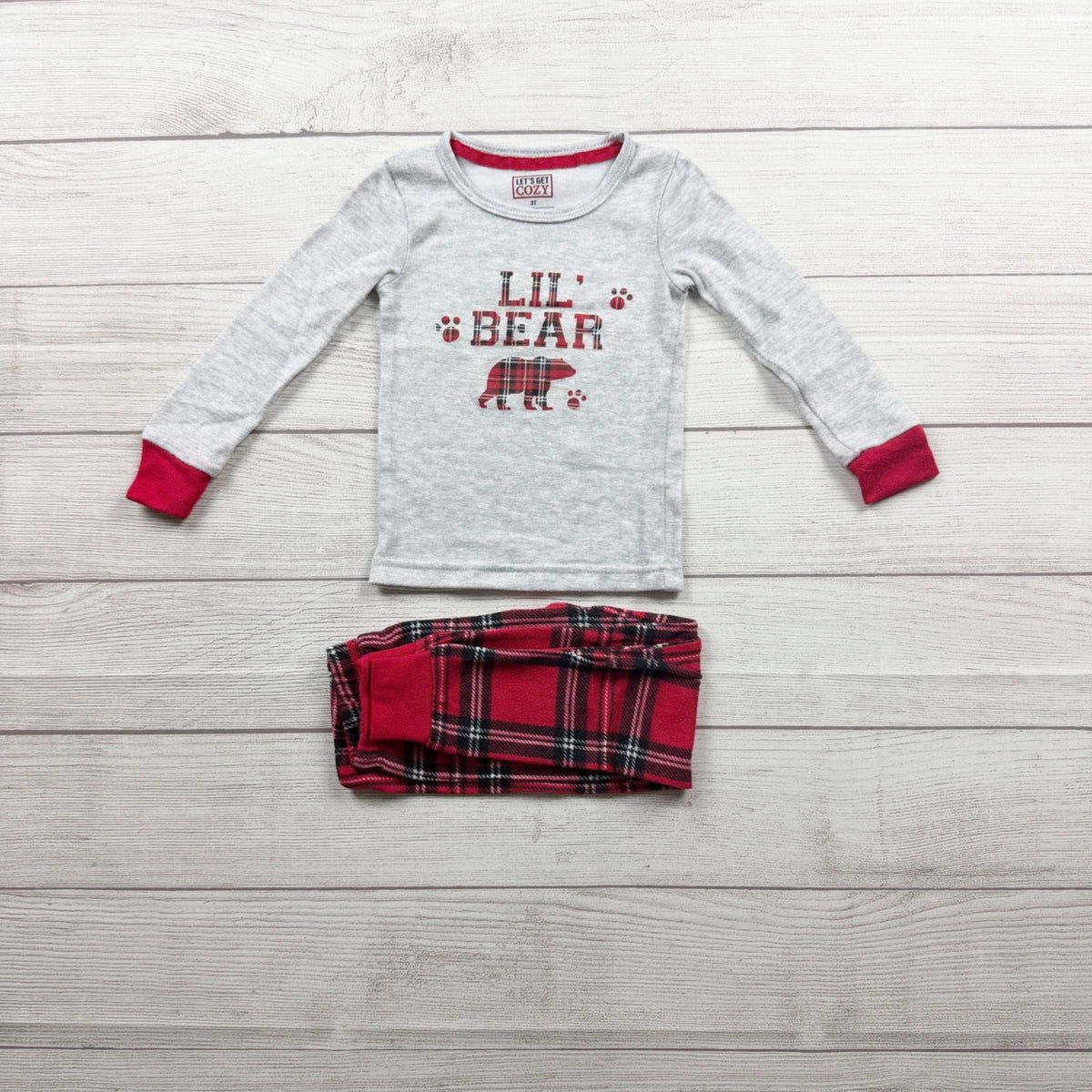 Let's Get Cozy Lil Bear Pajama Set Red Plaid Toddler 3T